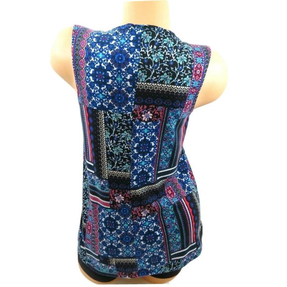 Bobby Brooks Knit Top Sleeveless Multicolor Patchwork Ladder Lace V-Neck - Picture 2 of 9